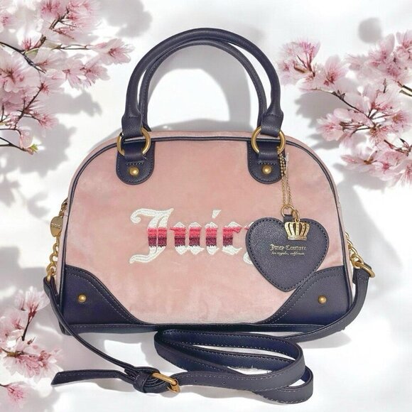 Juicy Couture Retro Vibe Pink Velour Brown Trim with Heart Charm Satchel Bag NWT - Picture 5 of 10